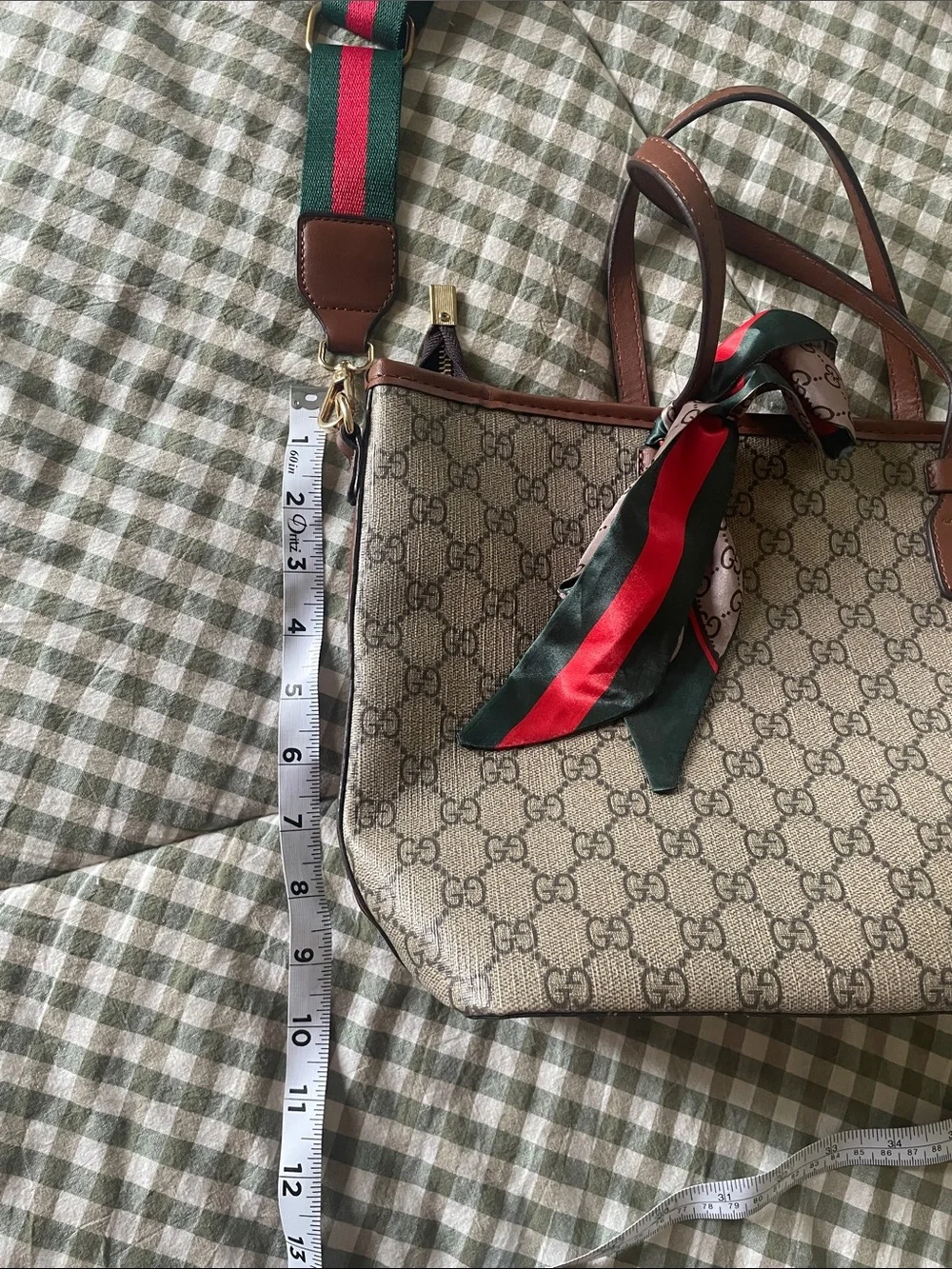Source Unknown Brown Monogram Tote with Green and Red Strap - Picture 2 of 9